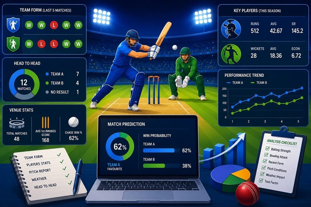 Cricket betting prediction dashboard displaying team statistics, player performance, pitch report, weather analysis, and live win probability.