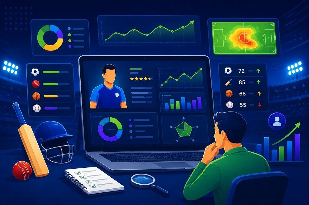 Fantasy sports player analysis dashboard showing recent form, playing time, player roles, fantasy point breakdowns, matchup data, and performance statistics.