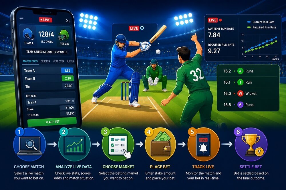 Live Cricket Bet 365 dashboard displaying live score, odds, player statistics, run rate, and cricket match analysis.